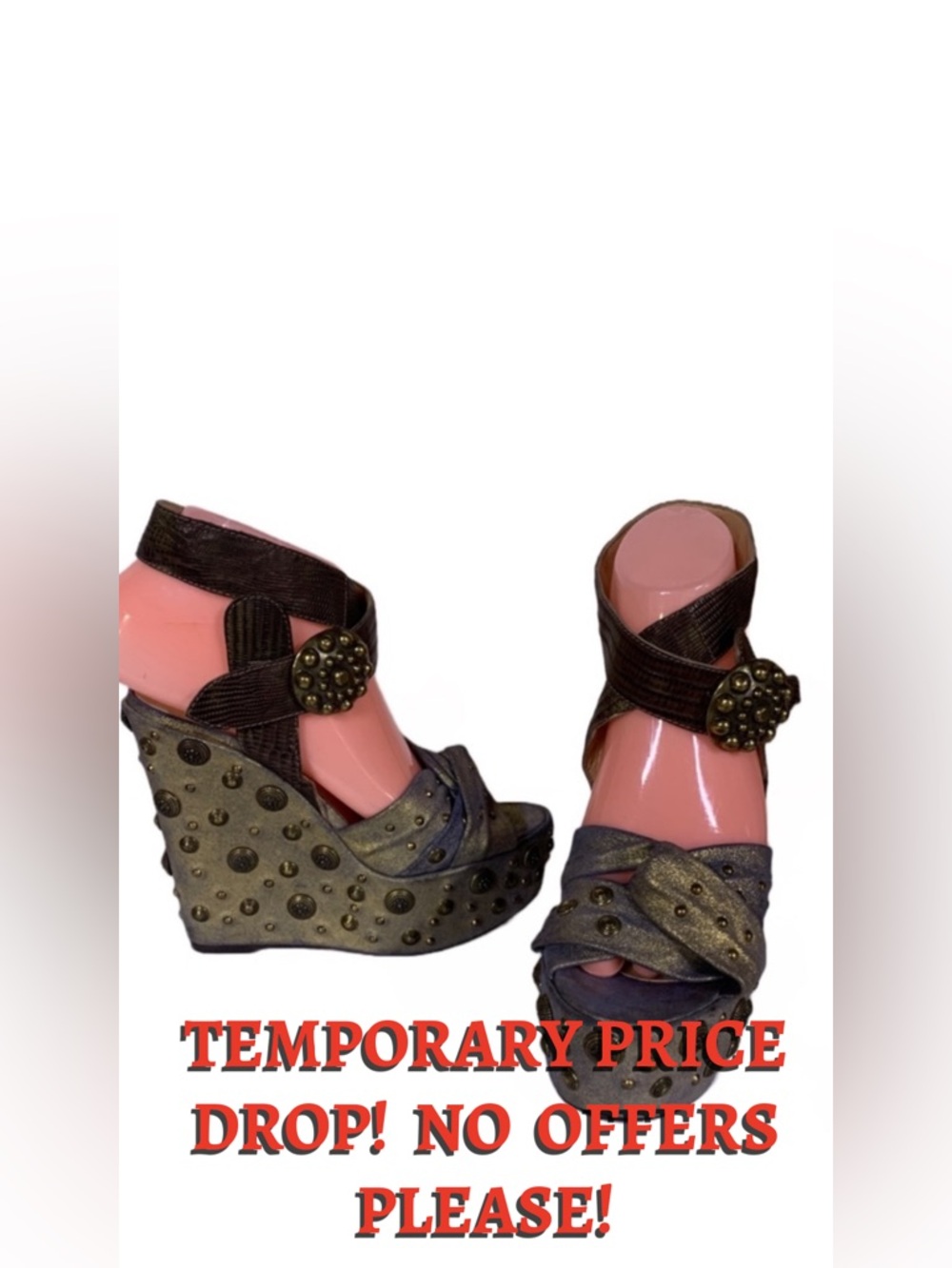 GUILLAUME HINFRAY GOLD AN BLUE LEATHER STUDDED DISTRESSED WEDGE HEELS (36)